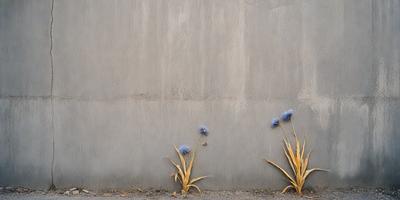 The primary subject of the image is a wall with three blue flowers growing out of it. The setting is an outdoor environment, and the visual style appears to be a photo. The colors and mood of the image are predominantly blue, creating a calm and serene atmosphere.