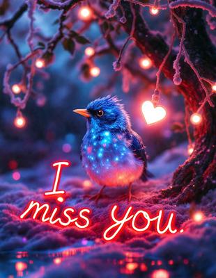 The primary subject of the image is a small blue bird perched on a branch in a snowy environment. The setting includes a tree with lights shining on it, creating a warm and cozy atmosphere. The visual style is a combination of a photo and digital art, with the bird being the focal point of the image. The colors and mood are predominantly blue and white, giving the scene a serene and peaceful ambiance.