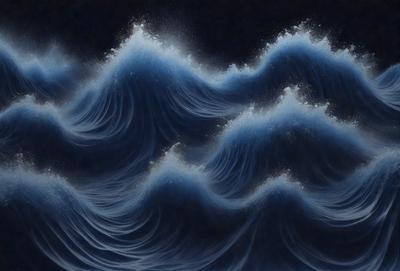 The primary subject of the image is a large wave in the ocean. The wave is depicted in a dark blue color, giving it a dramatic and intense appearance. The setting is the ocean, with the wave being the main focus of the scene. The visual style of the image is a digital art or illustration, as it captures the dynamic nature of the wave. The colors and mood of the image are dark and moody, emphasizing the power and intensity of the ocean wave.