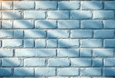 The primary subject of the image is a blue brick wall. The setting is a brick wall, and the visual style is a photo. The dominant colors are blue and white, creating a calm and serene atmosphere.