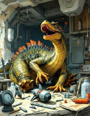 The primary subject of the image is a large, colorful, and detailed illustration of a dinosaur, possibly a T-Rex, sitting in a room. The setting appears to be a workshop or a space with various objects scattered around. The visual style is a combination of digital art and illustration, creating a vibrant and engaging scene. The colors and mood of the image are lively and energetic, with the dinosaur being the central focus of the composition.