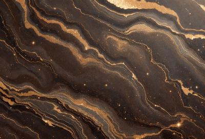 The primary subject of the image is a close-up of a marble surface with a gold-like pattern. The setting is a dark room, and the visual style appears to be a combination of a photo and a digital artwork. The colors and mood of the image are predominantly dark, with the gold-like pattern adding a touch of warmth and sophistication.
