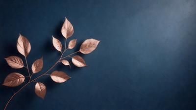 The primary subject of the image is a leafy branch with brown leaves. The setting is a blue wall, which serves as the backdrop for the branch. The visual style is a close-up of the branch, showcasing its details. The colors and mood of the image are predominantly blue, with the brown leaves adding a touch of warmth to the overall atmosphere.