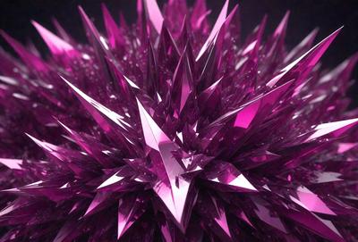 The primary subject of the image is a large, purple crystal formation. The setting is a dark background, which contrasts with the vibrant purple color of the crystal. The visual style appears to be a combination of digital art and illustration, creating a unique and intricate design. The colors and mood of the image are predominantly purple, giving it a striking and captivating appearance.