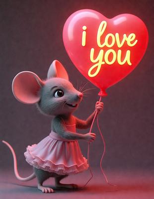 The primary subject of the image is a small, cute mouse figurine dressed in a pink dress. The mouse is holding a red heart-shaped balloon, which is the main focus of the scene. The setting appears to be a dark room, with the mouse figurine and balloon being the main objects of interest. The visual style of the image is a combination of digital art and illustration, creating a whimsical and charming atmosphere. The colors and mood of the image are predominantly pink