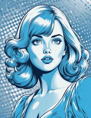 The primary subject of the image is a woman with blue hair, who is looking at the camera. She has a blue and white dress on, and her hair is styled in a curly manner. The setting is a blue background, which adds to the overall mood of the image. The visual style is a combination of digital art and illustration, creating a unique and eye-catching portrait.