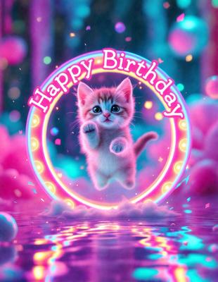The image features a cute kitten with a pink background, celebrating its birthday. The kitten is the primary subject, and it appears to be jumping or flying in the air. The setting is a pink background, which adds a playful and festive atmosphere to the scene. The visual style is a combination of photo and digital art, creating a unique and eye-catching image. The colors and mood are predominantly pink, which is associated with birthdays and celebrations.