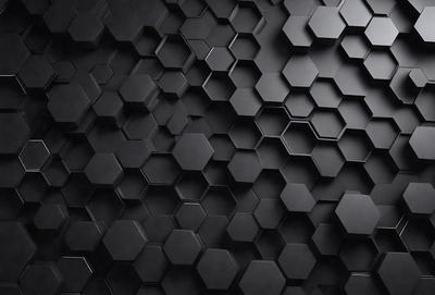 The primary subject of the image is a black and white patterned wall. The setting is a black background, and the visual style is a close-up of the pattern. The dominant colors are black and white, creating a bold and striking atmosphere.