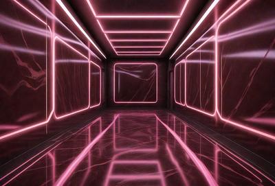 The primary subject of the image is a long, narrow hallway with a pink floor and walls. The setting is a futuristic environment, possibly a space station or a futuristic building. The visual style is a combination of photo and digital art, creating a unique and captivating atmosphere. The dominant colors are pink and purple, giving the scene a vibrant and futuristic feel.