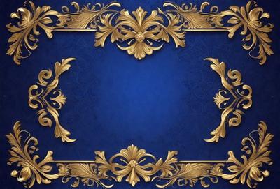 The primary subject of the image is a decorative frame with a blue background. The frame is adorned with gold and gold-colored flowers, creating an elegant and sophisticated appearance. The setting is a blue background, which complements the gold and gold-colored flowers. The visual style of the image is a combination of digital art and illustration, as it features intricate details and a well-crafted design. The colors and mood of the image are predominantly blue and gold, giving it a lux