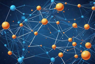 The primary subject of the image is a complex network of interconnected blue and orange spheres. The setting is a blue background, which provides a contrasting and visually appealing backdrop for the vibrant colors of the spheres. The visual style of the image is a combination of digital art and illustration, creating a dynamic and intricate pattern. The colors and mood of the image are predominantly blue and orange, with the blue spheres providing a sense of calmness and the orange spheres adding a touch of warm