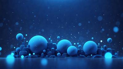 The primary subject of the image is a group of blue spheres floating in a dark blue space. The setting appears to be a night sky, with the spheres scattered throughout the scene. The visual style of the image is digital art, as it is a computer-generated representation of the spheres. The colors and mood of the image are predominantly dark and moody, with the blue spheres contrasting against the black background.