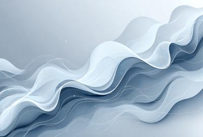 The primary subject of the image is a digital artwork featuring a wave-like pattern. The setting is a white background, which provides a clean and minimalist appearance. The visual style is a combination of digital art and illustration, creating a unique and eye-catching design. The dominant colors are white and blue, which contribute to a calm and soothing atmosphere.