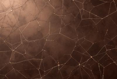 The primary subject of the image is a close-up of a wall with a pattern of interconnected lines. The setting is a dark room, and the visual style appears to be a combination of a photo and a digital art or illustration. The dominant colors are black and white, with some hints of brown, and the overall atmosphere is intricate and detailed.