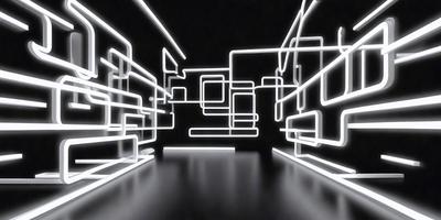 The primary subject of the image is a futuristic cityscape, featuring a series of interconnected tubes and lines that create a visually striking and unique environment. The setting is a dark room, which further emphasizes the illuminated lines and tubes. The visual style of the image is a combination of digital art and illustration, with the lines and tubes appearing as if they are made of light. The colors and mood of the image are predominantly black and white, with the illuminated lines and tub