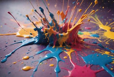 The primary subject of the image is a colorful, abstract painting. The painting is displayed on a purple surface, which adds to the vibrant colors of the artwork. The visual style of the painting is a mix of digital art and illustration, creating a unique and eye-catching piece. The dominant colors in the painting are a combination of purple, blue, yellow, and orange, which contribute to the lively and energetic atmosphere of the artwork.