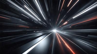 The primary subject of the image is a bright light, which appears to be a lightning bolt or a light source. The light is illuminating a dark tunnel or a dark room, creating a dramatic and intense atmosphere. The setting is a black background, which contrasts with the bright light, emphasizing its intensity. The visual style of the image is a combination of a photo and digital art, as it captures the light's movement and the dark room's atmosphere. The colors and mood of the image are