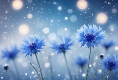 The primary subject of the image is a group of blue flowers, which are the main objects in the scene. The setting is a snowy environment, with the flowers standing out against the white snow. The visual style of the image is a photo, capturing the beauty of the flowers in their natural surroundings. The dominant colors in the image are blue and white, creating a serene and peaceful atmosphere.