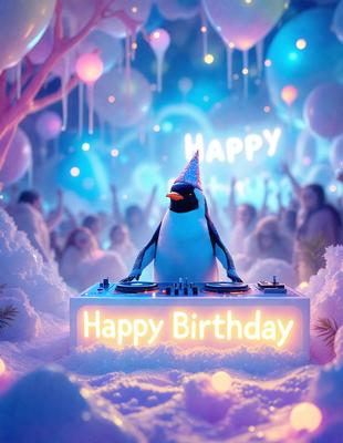 The primary subject of the image is a penguin, which is sitting on a DJ turntable. The setting is a snowy environment, with a crowd of people in the background. The visual style appears to be a digital art or illustration, creating a festive and joyful atmosphere. The dominant colors are white and blue, with the snowy environment adding a touch of coldness to the scene.