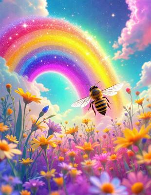 The primary subject of the image is a bee flying through a field of flowers. The setting is a colorful, vibrant field with a rainbow background. The visual style is a digital art or illustration, creating a lively and cheerful atmosphere. The dominant colors include shades of pink, yellow, and orange, which contribute to the overall mood of the scene.