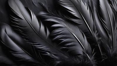 The primary subject of the image is a close-up of a black bird's feathers. The setting is a black background, which emphasizes the feathers' texture and details. The visual style is a black and white photo, giving the image a classic and timeless appearance. The dominant colors are black and white, creating a moody and dramatic atmosphere.