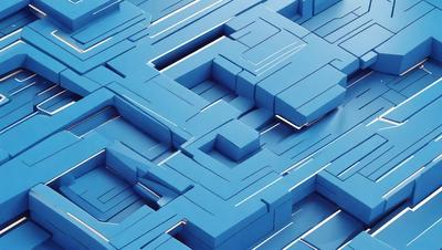 The primary subject of the image is a blue, three-dimensional geometric pattern. The setting is a blue background, and the visual style is a digital art or illustration. The dominant colors are blue and white, creating a clean and modern atmosphere.