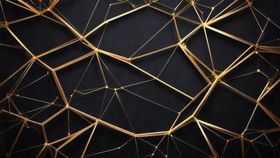 The primary subject of the image is a pattern of gold lines on a black background. The setting is a dark background, which contrasts with the gold lines. The visual style is a combination of digital art and illustration, creating a unique and intricate design. The colors and mood of the image are predominantly black and gold, giving it a sophisticated and elegant appearance.