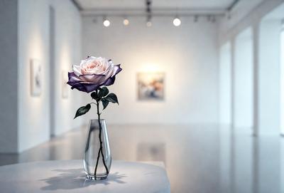 The primary subject of the image is a single purple rose in a clear glass vase. The rose is placed on a white table, which serves as the setting for the scene. The visual style of the image is a photo, capturing the beauty of the rose in its vase. The colors in the image are predominantly white and purple, creating a calm and serene atmosphere.