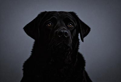 The primary subject of the image is a black dog with a sad expression. The dog is the main focus of the image, and it appears to be staring into the distance. The setting is a dark room, and the visual style is a close-up of the dog's face. The colors in the image are predominantly black, giving the scene a moody atmosphere.