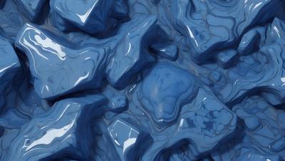 The primary subject of the image is a blue, textured surface that appears to be a combination of a blue-tinted glass and a blue-tinted rock. The setting is a dark, blue-tinted environment, which adds to the overall mood of the image. The visual style of the image is a mix of digital art and illustration, creating a unique and intriguing appearance. The dominant colors in the image are blue and gray, with the blue tinted glass and rock creating a striking contrast against