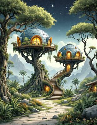 The primary subject of the image is a tree with a hut on top of it. The setting is a forest with a mountain in the background. The visual style is an illustration, and the colors and mood are lush and serene.