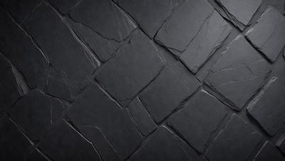 The primary subject of the image is a black tile wall. The setting is a dark room, and the visual style is a close-up of the tile wall. The dominant colors are black and grey, creating a moody atmosphere.