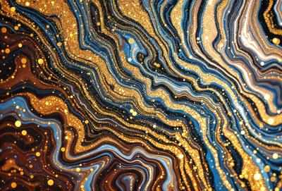 The primary subject of the image is a close-up of a blue and gold patterned surface, which appears to be a piece of art or a decorative item. The setting is a dark background, which contrasts with the vibrant colors of the pattern. The visual style is a combination of digital art and illustration, creating a unique and eye-catching design. The dominant colors are blue and gold, with the blue providing a calm and soothing atmosphere, while the gold adds a touch of warmth and sophistication
