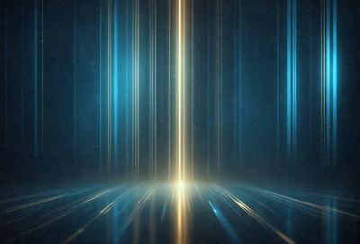 The primary subject of the image is a yellow line that appears to be moving or extending through a blue background. The setting is a dark room, and the visual style is a combination of digital art and illustration. The dominant colors are yellow and blue, creating a sense of motion and energy in the scene.