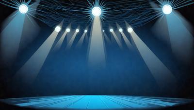 The primary subject of the image is a stage with a blue background. The stage is illuminated by a series of lights, creating a dramatic and captivating atmosphere. The visual style of the image is digital art, with the lights and stage design depicted in a detailed and artistic manner. The colors and mood of the image are predominantly blue, giving the scene a calm and serene ambiance.