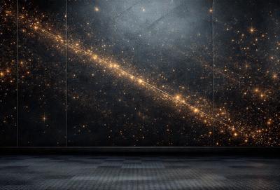 The primary subject of the image is a black wall with a starry background. The setting is a dark room, and the visual style appears to be a combination of a photo and digital art. The colors and mood of the image are predominantly dark, with the stars providing a contrasting and luminous element.