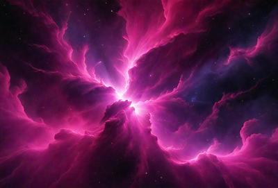 The primary subject of the image is a pink nebula, which is a bright and colorful celestial object. The setting is a dark, starry sky, with the nebula standing out as the main focus. The visual style of the image is a combination of photo and digital art, creating a unique and captivating representation of the nebula. The dominant colors in the image are pink and purple, giving the scene a warm and vibrant atmosphere.
