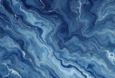 The primary subject of the image is a blue and white marble-like pattern. The setting is a blue and white marble-like surface, which could be a wall or a countertop. The visual style is a close-up of the marble-like pattern, showcasing its intricate details. The colors and mood of the image are predominantly blue and white, creating a calm and elegant atmosphere.