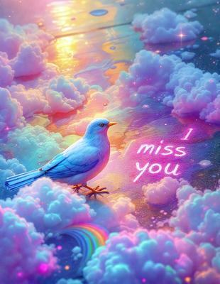 The primary subject of the image is a bird, specifically a blue bird, perched on a cloud. The setting is a colorful, cloudy sky, which adds a whimsical and dreamy atmosphere to the scene. The visual style is a combination of digital art and illustration, creating a vibrant and lively mood. The dominant colors include shades of blue, pink, and white, which contribute to the overall cheerful and uplifting mood of the image.