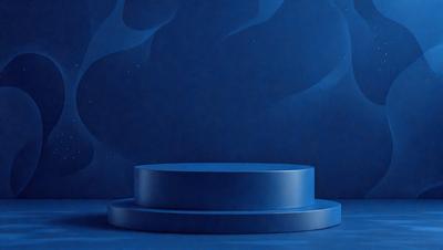 The primary subject of the image is a blue, circular object, which appears to be a cake or a decorative piece. The setting is a dark blue background, which creates a contrasting and dramatic effect. The visual style of the image is a combination of photo and digital art, giving it a unique and artistic appearance. The dominant colors in the image are blue and black, creating a moody and atmospheric mood.