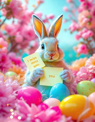 The primary subject of the image is a cute bunny holding a yellow card with the words "I miss you" written on it. The bunny is surrounded by a colorful and vibrant environment, with a pink flower background and a variety of colorful eggs scattered around it. The visual style of the image is a combination of photo and digital art, creating a whimsical and playful atmosphere. The dominant colors in the image are pink, yellow, and various shades of green and blue, which contribute