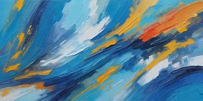 The primary subject of the image is a painting featuring a blue and yellow color scheme. The setting is a canvas, and the visual style appears to be a mix of digital art and illustration. The painting showcases a variety of colors and mood, creating a vibrant and lively atmosphere.