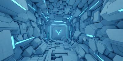 The primary subject of the image is a clock, which is prominently displayed in the center of the scene. The setting is a futuristic, blue-lit environment, possibly a tunnel or a space station. The visual style is a combination of digital art and illustration, creating a unique and captivating atmosphere. The dominant colors are blue and white, which contribute to the futuristic and technological feel of the scene.