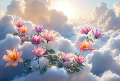 The primary subject of the image is a group of pink flowers, which are the main objects in the scene. The flowers are set against a backdrop of a cloudy sky, creating a serene and natural atmosphere. The visual style of the image is a combination of photo and digital art, as it appears to be a photo of a painting or a digital illustration. The dominant colors in the image are pink and white, which contribute to the overall mood of the scene.