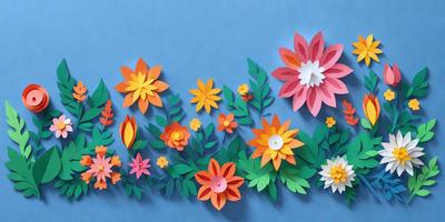 The primary subject of the image is a colorful paper flower arrangement. The flowers are made of paper and are arranged in a visually appealing manner. The setting is a blue wall, which serves as a beautiful backdrop for the paper flowers. The visual style of the image is a combination of digital art and illustration, creating a vibrant and lively atmosphere. The colors and mood of the image are predominantly warm and cheerful, with the paper flowers adding a touch of natural beauty to the scene.