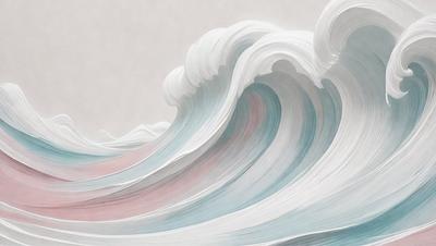 The primary subject of the image is a large wave, which is the main focus of the scene. The wave is depicted in a white and blue color scheme, giving it a clean and fresh appearance. The setting is a beach, with the wave crashing onto the shore. The visual style of the image is a combination of digital art and illustration, creating a dynamic and realistic representation of the ocean wave. The overall atmosphere of the image is energetic and captivating, as the wave's power and beauty are showc