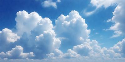 The primary subject of the image is a cloudy blue sky filled with numerous white clouds. The setting is a clear day with a bright blue sky, and the visual style is a natural, outdoor scene. The colors and mood of the image are predominantly blue and white, creating a serene and peaceful atmosphere.