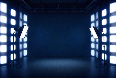 The primary subject of the image is a large, empty room with a blue wall. The setting is a dark room with two lights shining on the wall, creating a dramatic atmosphere. The visual style is a black and white photo, which adds a sense of timelessness and artistic quality to the scene. The colors and mood of the image are predominantly dark and moody, with the blue wall and the two lights creating a striking contrast against the darkness of the room.