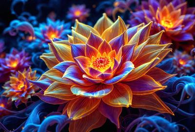The primary subject of the image is a large, colorful flower with a yellow center. The flower is surrounded by a vibrant blue background, which adds to the overall visual appeal of the scene. The image appears to be a digital art or illustration, showcasing the artist's skill in creating a realistic and eye-catching representation of the flower. The dominant colors in the image are blue and yellow, creating a lively and cheerful atmosphere.
