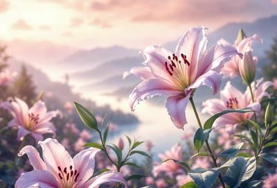 The primary subject of the image is a beautiful bouquet of pink flowers, with a focus on a single flower. The setting is a picturesque mountain landscape, with a valley and a lake visible in the background. The visual style is a combination of photo and digital art, creating a vibrant and lush atmosphere. The dominant colors are pink and purple, with the flowers adding a touch of elegance and serenity to the scene.